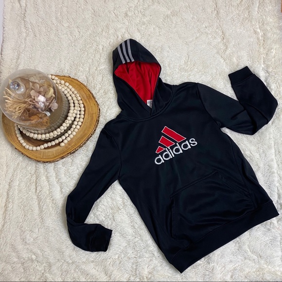 black adidas hoodie with red logo
